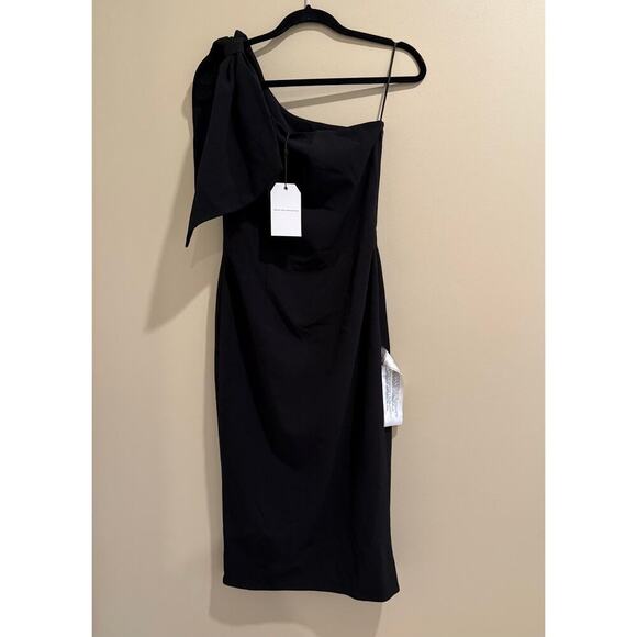 Dress The Population Tiffany One Shoulder Bow Black Midi Sheath Medium M NWT - Picture 8 of 10
